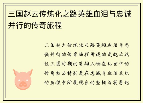 三国赵云传炼化之路英雄血泪与忠诚并行的传奇旅程