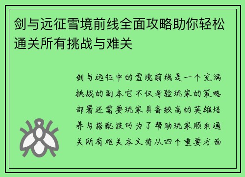 剑与远征雪境前线全面攻略助你轻松通关所有挑战与难关